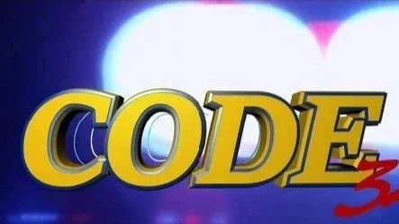 Code 32 title card, with police lights glowing behind the title