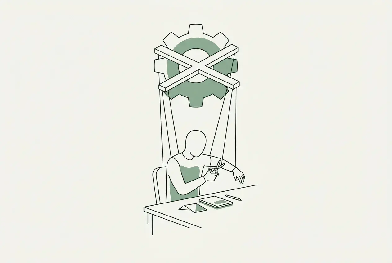 Illustration of a faceless writer at a desk with strings hanging from a big gear above, cutting one string with scissors.