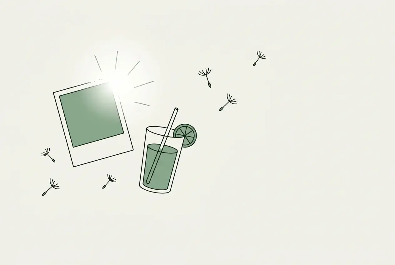 Illustration of a faded photograph whose edges dissolve into sunbeams, a lemonade glass and floating dandelion seeds.