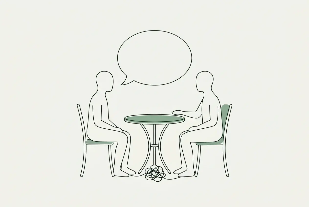 Illustration of two faceless figures at a small table with an empty speech bubble between them and a knotted thread tangled under the table.